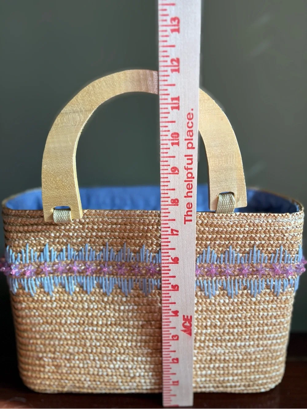 Y2K Woven Straw Tote with blue embroidery & pink beaded accents NWOT